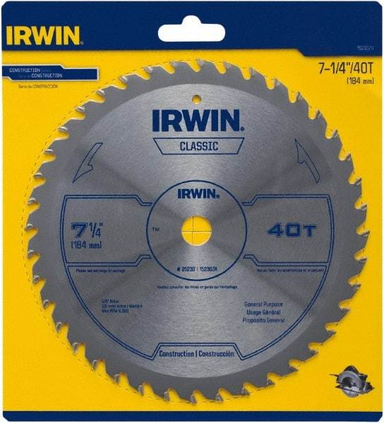 Irwin Blades - 7-1/4" Diam, 5/8" Arbor Hole Diam, 40 Tooth Wet & Dry Cut Saw Blade - Carbide-Tipped, Smooth Action, Diamond Arbor - All Tool & Supply