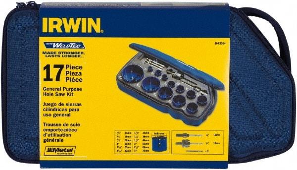 Irwin - 17 Piece, 5/8" to 3" Saw Diam, General Purpose Hole Saw Kit - Bi-Metal, Toothed Edge, Pilot Drill Model No. 373000, Includes 12 Hole Saws - All Tool & Supply