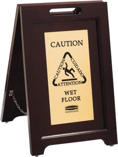 Rubbermaid - Attention/, Caution/, Cuidado/, Wet Floor, 15-1/8" Wide x 22" High, Wood Floor Sign - English/French/Spanish, A-Frame, Black on Gold, For Accident Prevention - All Tool & Supply