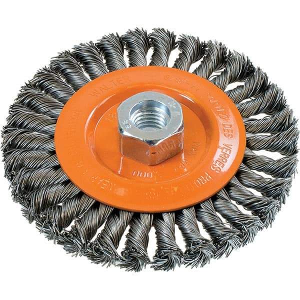 WALTER Surface Technologies - 5" OD, 5/8-11 Arbor Hole, Knotted Steel Wheel Brush - 3/8" Face Width, 0.02" Filament Diam, 15,000 RPM - All Tool & Supply