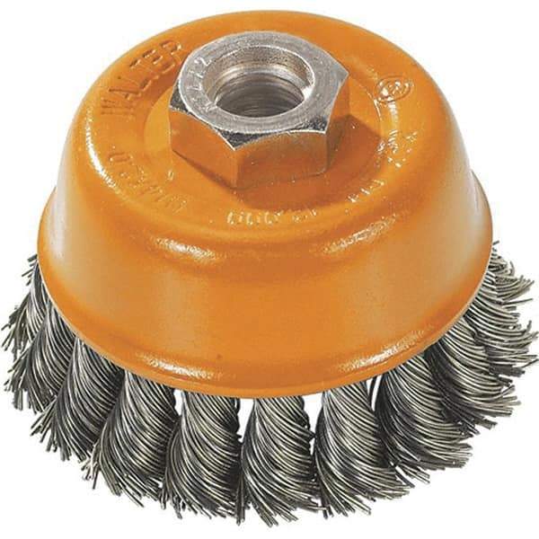 WALTER Surface Technologies - 3" Diam, 1/2-13 Threaded Arbor, Steel Fill Cup Brush - 0.015 Wire Diam, 12,000 Max RPM - All Tool & Supply