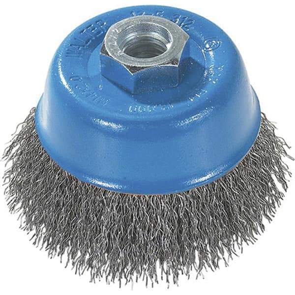 WALTER Surface Technologies - 3" Diam, M14x2.00 Threaded Arbor, Stainless Steel Fill Cup Brush - 0.0118 Wire Diam, 12,000 Max RPM - All Tool & Supply