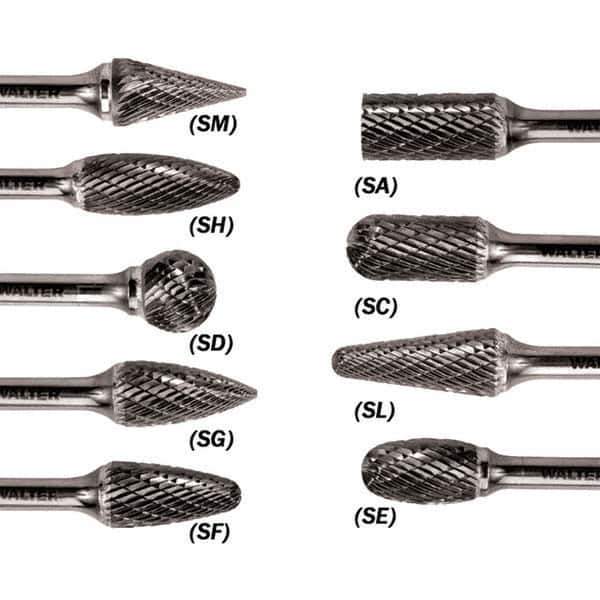 WALTER Surface Technologies - 5/16" Cut Diam, 1/4" Shank Diam, Flame Head Double Cut Burr - Carbide, 3/4" LOC - All Tool & Supply