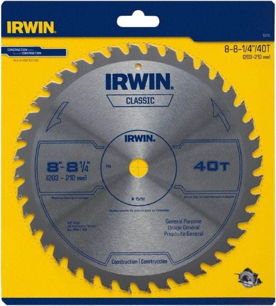 Irwin Blades - 8-1/4" Diam, 5/8" Arbor Hole Diam, 40 Tooth Wet & Dry Cut Saw Blade - Carbide-Tipped, Smooth Action, Diamond Arbor - All Tool & Supply