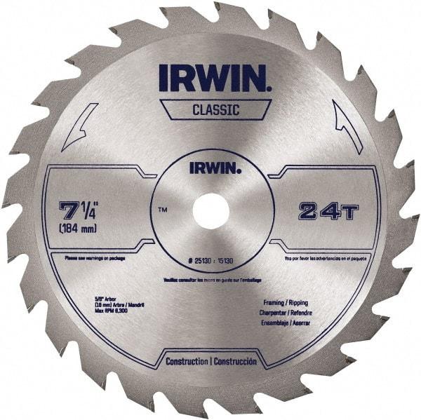 Irwin Blades - 7-1/4" Diam, 5/8" Arbor Hole Diam, 24 Tooth Wet & Dry Cut Saw Blade - Carbide-Tipped, Smooth Action, Diamond Arbor - All Tool & Supply