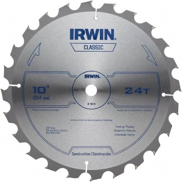 Irwin - 10" Diam, 5/8" Arbor Hole Diam, 24 Tooth Wet & Dry Cut Saw Blade - Carbide-Tipped, Smooth Action, Diamond Arbor - All Tool & Supply