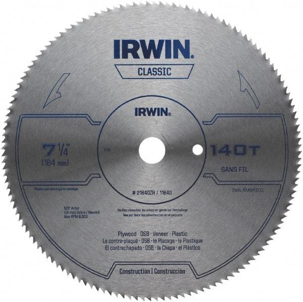 Irwin Blades - 7-1/4" Diam, 5/8" Arbor Hole Diam, 140 Tooth Wet & Dry Cut Saw Blade - High Carbon Steel, Smooth Action, Diamond Arbor - All Tool & Supply