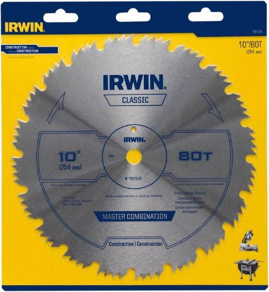 Irwin Blades - 10" Diam, 5/8" Arbor Hole Diam, 80 Tooth Wet & Dry Cut Saw Blade - High Carbon Steel, Smooth Action, Standard Round Arbor - All Tool & Supply