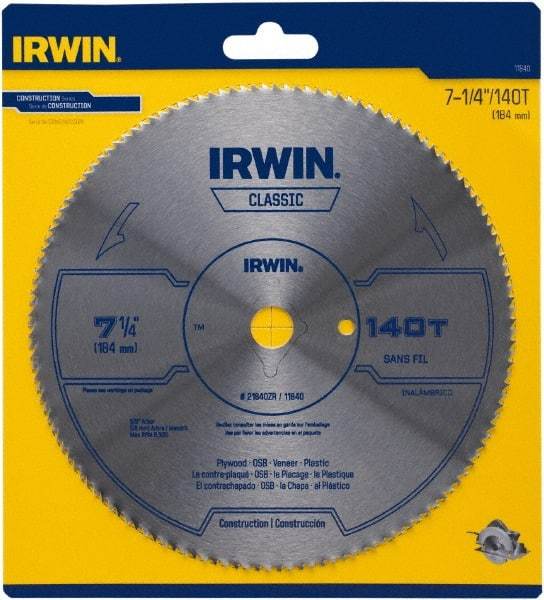 Irwin Blades - 7-1/4" Diam, 5/8" Arbor Hole Diam, 140 Tooth Wet & Dry Cut Saw Blade - High Carbon Steel, Smooth Action, Diamond Arbor - All Tool & Supply