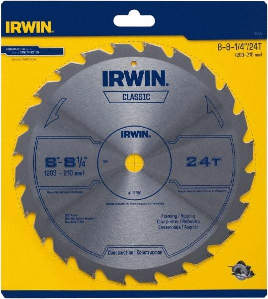 Irwin Blades - 8-1/4" Diam, 5/8" Arbor Hole Diam, 24 Tooth Wet & Dry Cut Saw Blade - Carbide-Tipped, Smooth Action, Diamond Arbor - All Tool & Supply