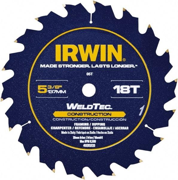 Irwin Blades - 5-3/8" Diam, 10mm Arbor Hole Diam, 18 Tooth Wet & Dry Cut Saw Blade - Carbide-Tipped, Straight Action, Standard Round Arbor - All Tool & Supply