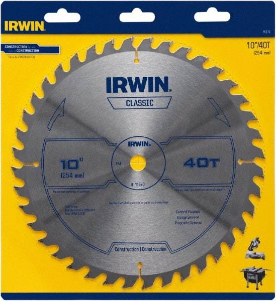 Irwin Blades - 10" Diam, 5/8" Arbor Hole Diam, 40 Tooth Wet & Dry Cut Saw Blade - Carbide-Tipped, Smooth Action, Diamond Arbor - All Tool & Supply