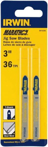 Irwin Blades - 3" Long x 0.039" Thick x 0.295" Wide, 36 Teeth per Inch, Bi-Metal Jig Saw Blade - Toothed Edge, T-Shank, Mill Tooth Set - All Tool & Supply