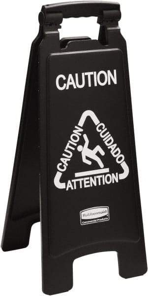 Rubbermaid - Attention/Caution/Cuidado, 11" Wide x 25" High, Polypropylene Floor Sign - English/French/Spanish, A-Frame, White on Black, For Accident Prevention - All Tool & Supply