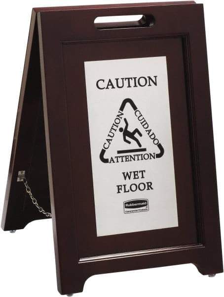 Rubbermaid - Attention/, Caution/, Cuidado/, Wet Floor, 15-1/8" Wide x 22" High, Wood Floor Sign - English/French/Spanish, A-Frame, Black on Silver, For Accident Prevention - All Tool & Supply