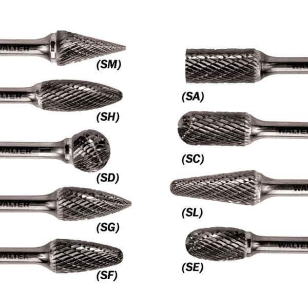 WALTER Surface Technologies - 1/2" Cut Diam, 1/4" Shank Diam, Flame Head Double Cut Burr - Carbide, 1-1/4" LOC - All Tool & Supply