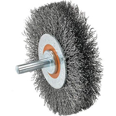 WALTER Surface Technologies - 1-3/8" OD, 1/4" Shank Diam, Crimped Stainless Steel Wheel Brush - 1/4" Face Width, 0.008" Filament Diam, 25,000 RPM - All Tool & Supply