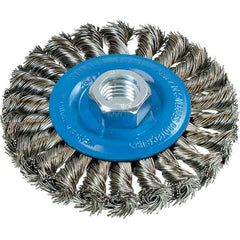 WALTER Surface Technologies - 4" OD, 5/8-11 Arbor Hole, Knotted Stainless Steel Wheel Brush - 3/8" Face Width, 0.02" Filament Diam, 20,000 RPM - All Tool & Supply