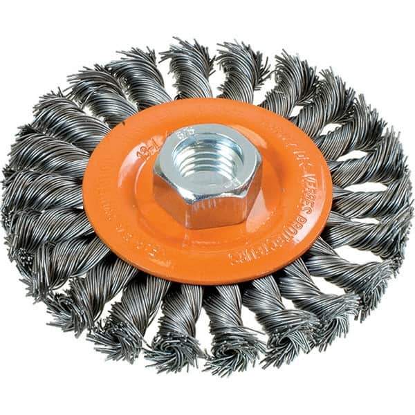 WALTER Surface Technologies - 4" OD, 5/8-11 Arbor Hole, Knotted Steel Wheel Brush - 3/8" Face Width, 0.02" Filament Diam, 20,000 RPM - All Tool & Supply