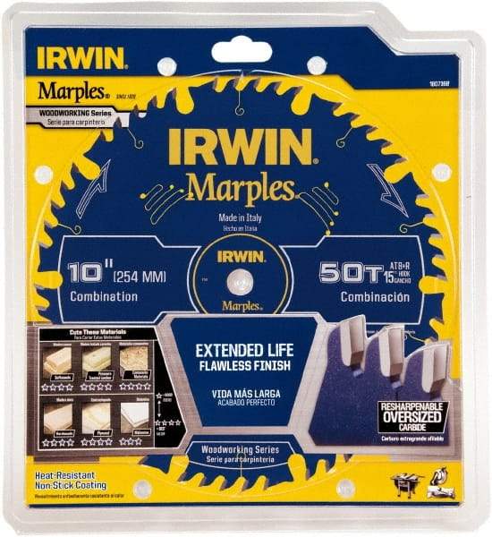 Irwin Blades - 10" Diam, 5/8" Arbor Hole Diam, 50 Tooth Wet & Dry Cut Saw Blade - Carbide-Tipped, Finishing Action, Standard Round Arbor - All Tool & Supply