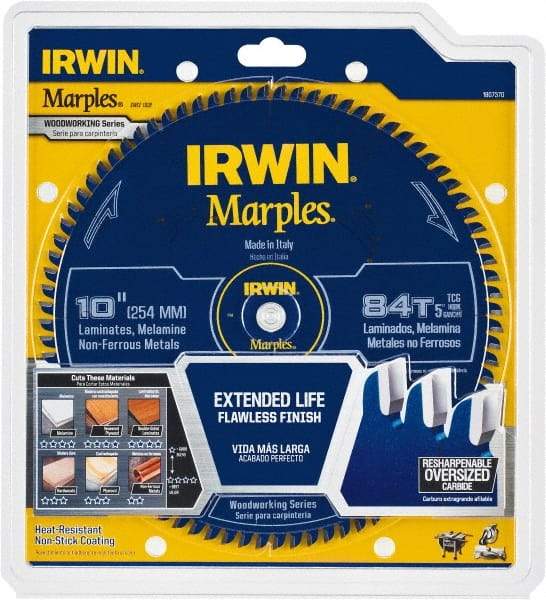 Irwin Blades - 10" Diam, 5/8" Arbor Hole Diam, 84 Tooth Wet & Dry Cut Saw Blade - Carbide-Tipped, Finishing Action, Standard Round Arbor - All Tool & Supply