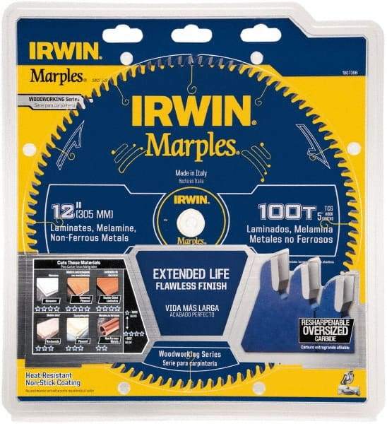 Irwin - 12" Diam, 1" Arbor Hole Diam, 100 Tooth Wet & Dry Cut Saw Blade - Carbide-Tipped, Finishing Action, Standard Round Arbor - All Tool & Supply