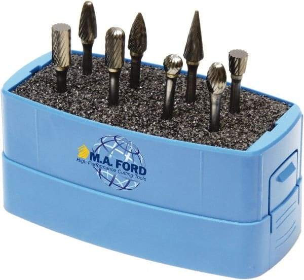 M.A. Ford - 8 Piece, 3mm Shank Burr Set - Solid Carbide, Multiple Head Shapes, 3° Included Angle - All Tool & Supply