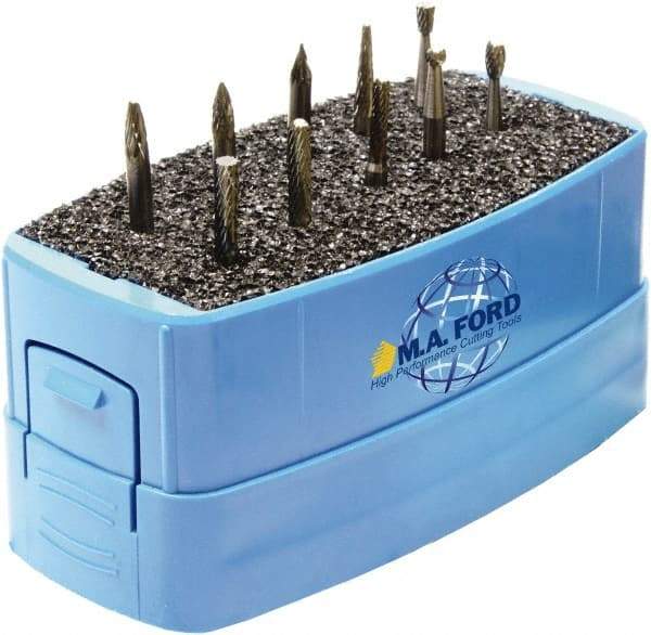 M.A. Ford - 10 Piece, 3mm Shank Burr Set - Solid Carbide, Multiple Head Shapes, 3° Included Angle - All Tool & Supply