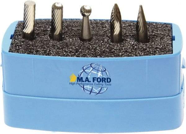 M.A. Ford - 5 Piece, 6mm Shank Burr Set - Solid Carbide, Multiple Head Shapes, 6° Included Angle - All Tool & Supply