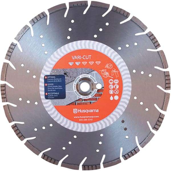 Husqvarna - 14" Diam, 25/32 & 1" Arbor Hole Diam, Continuous Edge Tooth Wet & Dry Cut Saw Blade - Diamond-Tipped, General Purpose Action, Standard Round Arbor - All Tool & Supply