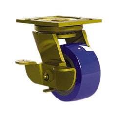 E.R. Wagner - 4" Diam x 2" Wide x 5-5/8" OAH Top Plate Mount Swivel Caster with Brake - Mold on Polyurethane, 750 Lb Capacity, Roller Bearing, 4 x 4-1/2" Plate - All Tool & Supply