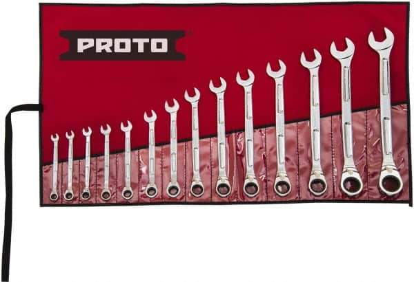 Proto - 14 Piece, 6mm to 19mm, Ratcheting Combination Wrench Set - Metric Measurement Standard, Full Polish Finish, Comes in Pouch - All Tool & Supply