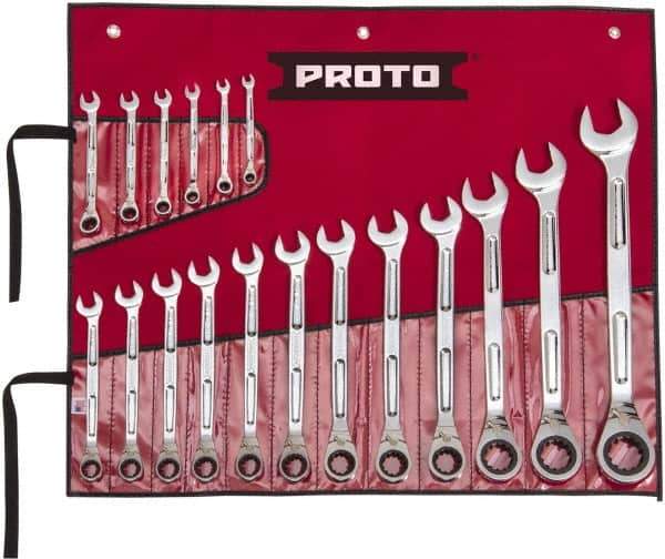 Proto - 18 Piece, 1/4" to 1-1/4", Ratcheting Combination Wrench Set - Inch Measurement Standard, Full Polish Finish, Comes in Pouch - All Tool & Supply