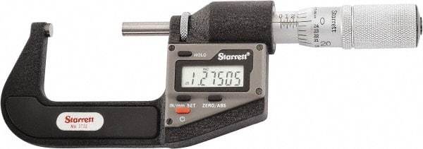 Starrett - 25.4 to 50.8 mm Range, 0.0001" Resolution, Standard Throat, Electronic Outside Micrometer - 0.0001" Accuracy, Friction Thimble, Micro Lapped Carbide Face, CR2450 Battery, Includes 3V Battery - All Tool & Supply