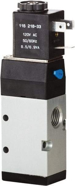 ARO/Ingersoll-Rand - 1/4" Inlet x 1/4" Outlet, Single Solenoid Actuator, Spring Return, 2 Position, Body Ported Solenoid Air Valve - 120 VAC Input, 0.7 CV, 3 Way, 115 psi, 122° Max Temp, 15° Min Temp - All Tool & Supply