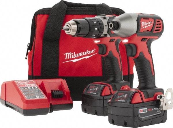 Milwaukee Tool - 18 Volt Cordless Tool Combination Kit - Includes 1/2" Hammer Drill & 1/4" Hex Compact Impact Driver, 2 Lithium-Ion Batteries Included - All Tool & Supply