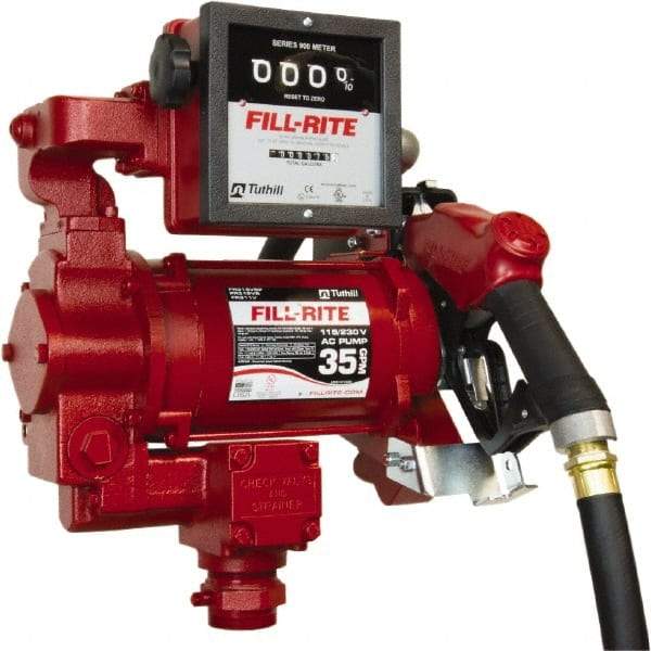 Tuthill - 35 GPM, 1" Hose Diam, Gasoline, Kerosene & Diesel Fuel AC High Flow Tank Pump with Auto Nozzle & 901 Meter - Cast Iron Pump, 1-1/4" Inlet, 1" Outlet, 115/230 Volts, 18' Hose Length, 3/4 hp - All Tool & Supply