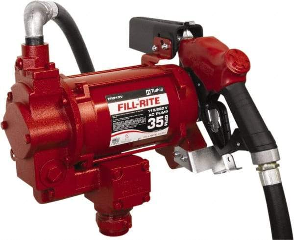 Tuthill - 35 GPM, 1" Hose Diam, Gasoline, Kerosene & Diesel Fuel AC High Flow Tank Pump with Auto Nozzle - Cast Iron Pump, 1-1/4" Inlet, 1" Outlet, 115/230 Volts, 18' Hose Length, 3/4 hp - All Tool & Supply