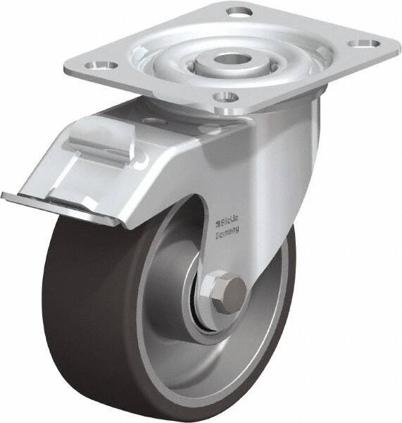 Blickle - 4" Diam x 1-9/16" Wide x 4-59/64" OAH Top Plate Mount Swivel Caster with Brake - Polyurethane-Elastomer, 220 Lb Capacity, Ball Bearing, 3-15/16 x 3-3/8" Plate - All Tool & Supply