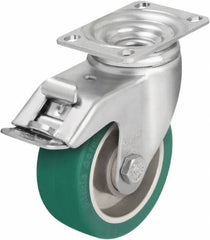 Blickle - 4" Diam x 1-9/16" Wide x 5-1/8" OAH Top Plate Mount Swivel Caster with Brake - Polyurethane-Elastomer Blickle Softhane, 400 Lb Capacity, Ball Bearing, 3-5/8 x 2-1/2" Plate - All Tool & Supply