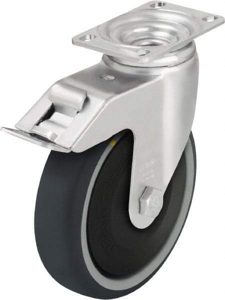 Blickle - 5" Diam x 1-1/4" Wide x 6-1/8" OAH Top Plate Mount Swivel Caster with Brake - Thermoplastic Polyurethane, 400 Lb Capacity, Ball Bearing, 3-5/8 x 2-1/2" Plate - All Tool & Supply