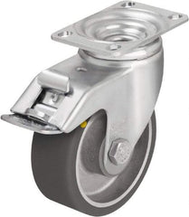 Blickle - 5" Diam x 1-9/16" Wide x 6-1/8" OAH Top Plate Mount Swivel Caster with Brake - Polyurethane-Elastomer Blickle Softhane, 400 Lb Capacity, Ball Bearing, 3-5/8 x 2-1/2" Plate - All Tool & Supply