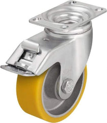 Blickle - 5" Diam x 1-9/16" Wide x 6-1/8" OAH Top Plate Mount Swivel Caster with Brake - Polyurethane-Elastomer Blickle Softhane, 400 Lb Capacity, Ball Bearing, 3-5/8 x 2-1/2" Plate - All Tool & Supply