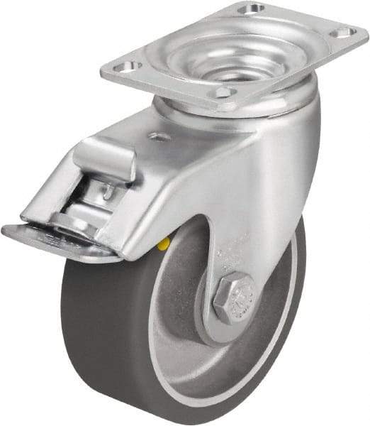 Blickle - 4" Diam x 1-9/16" Wide x 5-1/8" OAH Top Plate Mount Swivel Caster with Brake - Polyurethane-Elastomer Blickle Softhane, 400 Lb Capacity, Ball Bearing, 3-5/8 x 2-1/2" Plate - All Tool & Supply