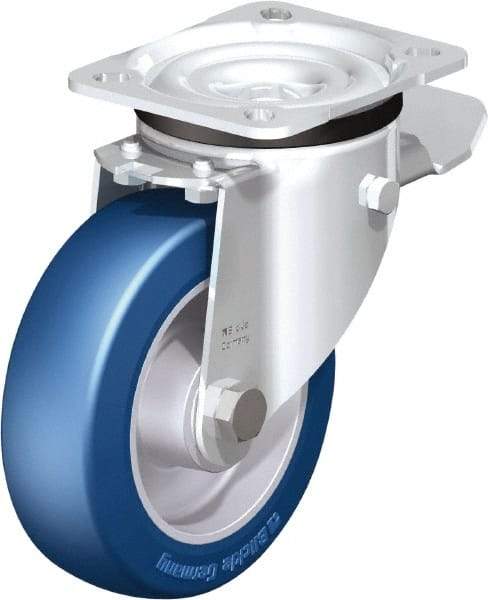 Blickle - 5" Diam x 1-37/64" Wide x 6-7/64" OAH Top Plate Mount Swivel Caster with Brake - Polyurethane-Elastomer Blickle Besthane, 770 Lb Capacity, Ball Bearing, 3-15/16 x 3-3/8" Plate - All Tool & Supply