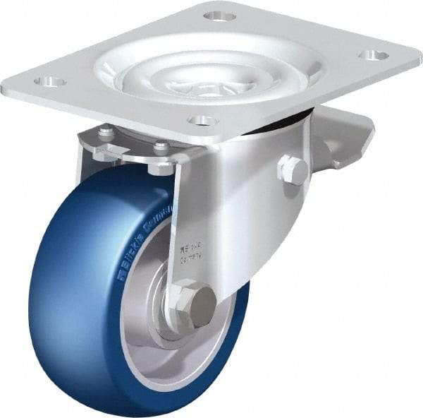 Blickle - 4" Diam x 1-37/64" Wide x 5-7/64" OAH Top Plate Mount Swivel Caster with Brake - Polyurethane-Elastomer Blickle Besthane, 660 Lb Capacity, Ball Bearing, 5-1/2 x 4-3/8" Plate - All Tool & Supply