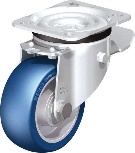 Blickle - 4" Diam x 1-37/64" Wide x 5-7/64" OAH Top Plate Mount Swivel Caster with Brake - Polyurethane-Elastomer Blickle Besthane, 660 Lb Capacity, Ball Bearing, 3-15/16 x 3-3/8" Plate - All Tool & Supply