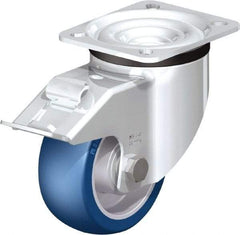 Blickle - 4" Diam x 1-37/64" Wide x 5-7/64" OAH Top Plate Mount Swivel Caster with Brake - Polyurethane-Elastomer Blickle Besthane, 660 Lb Capacity, Ball Bearing, 3-15/16 x 3-3/8" Plate - All Tool & Supply