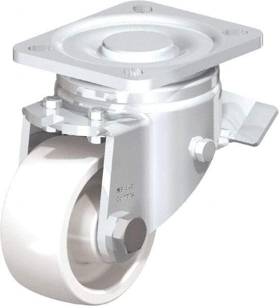 Blickle - 3" Diam x 1-29/64" Wide x 4-23/32" OAH Top Plate Mount Swivel Caster with Brake - Impact-Resistant Nylon, 770 Lb Capacity, Plain Bore Bearing, 3-15/16 x 3-3/8" Plate - All Tool & Supply