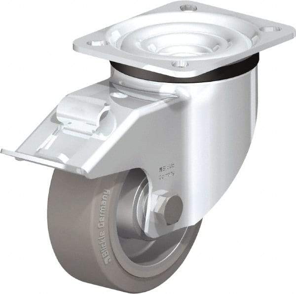 Blickle - 4" Diam x 1-37/64" Wide x 5-7/64" OAH Top Plate Mount Swivel Caster with Brake - Solid Rubber, 440 Lb Capacity, Ball Bearing, 3-15/16 x 3-3/8" Plate - All Tool & Supply